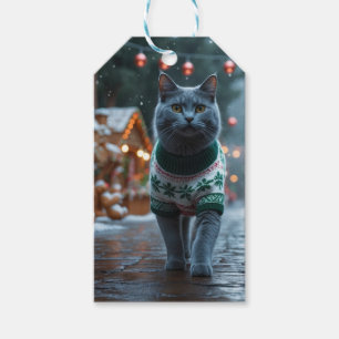Étiquettes-cadeau Chat Bleu Russe Noël Neige Vacances 