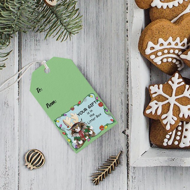 Étiquettes-cadeau Chat cadeau de Noël Green Funny (Créateur téléchargé)