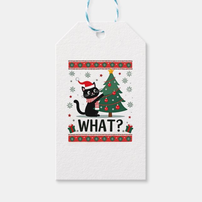 Étiquettes-cadeau Chat Ce Chat Noir Drôle Poussant Arbre De Noël Ug (Devant)