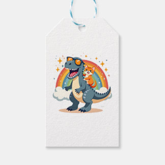 Étiquettes-cadeau Chat chevauchant un dinosaure T-Rex chaton arc-en-
