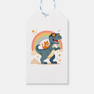 Étiquettes-cadeau Chat chevauchant un dinosaure T-Rex chaton arc-en-