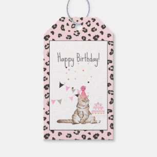 Étiquettes-cadeau Chat de fête d'anniversaire avec Empreinte de léop