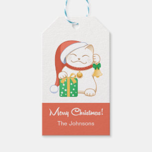 Étiquettes-cadeau Chat de Noël blanc dans un Casquette rouge