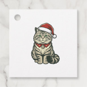 Étiquettes Cadeau Chat de Noël Chapeau de Père Noël Dessin de Gravur