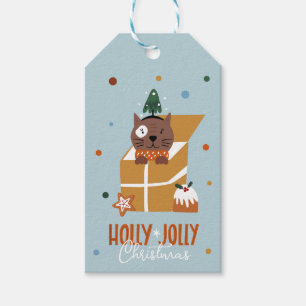 Étiquettes-cadeau Chat de Noël mignon en boîte cadeau bleu