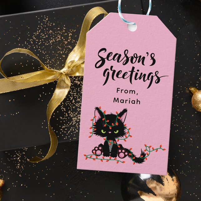 Étiquettes-cadeau Chat de Noël rose et noir (Créateur téléchargé)