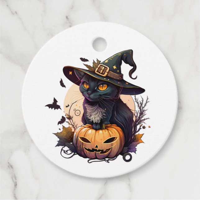 Étiquettes Cadeau Chat de sorcière pour Halloween (Devant)