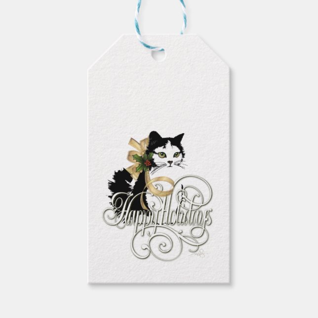 Étiquettes-cadeau Chat de vacances noir et blanc (Devant)