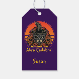 Étiquettes-cadeau Chat d'Halloween dans un chapeau de sorcière Abra