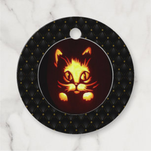 Étiquettes Cadeau Chat d'Halloween orange lumineux avec bordure noir