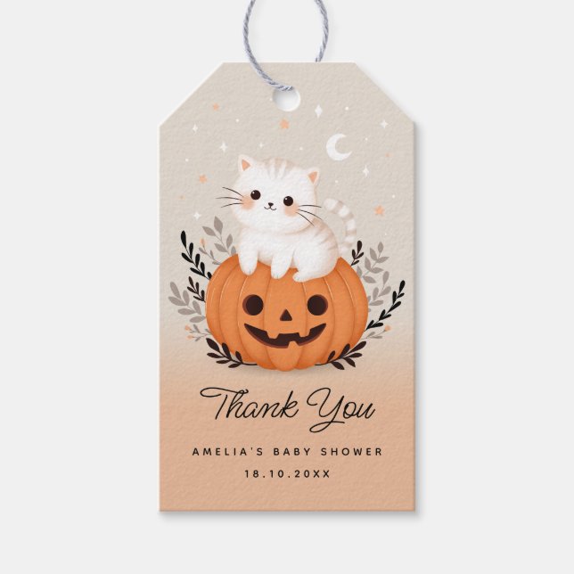 Étiquettes-cadeau Chat d'Halloween sur citrouille Baby Shower mignon (Devant)