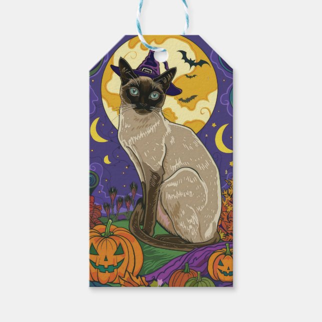 Étiquettes-cadeau Chat éffrayant Siamese Halloween sorcière et Citro (Devant)