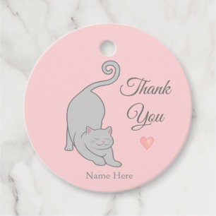 Étiquettes Cadeau Chat élégant argenté sur rose corail clair Merci