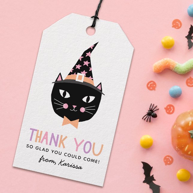 Étiquettes-cadeau Chat en sorcière noire mignonne Halloween Nom anni (Créateur téléchargé)