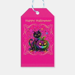 Étiquettes-cadeau Chat et citrouille néon Halloween léopard pour fêt