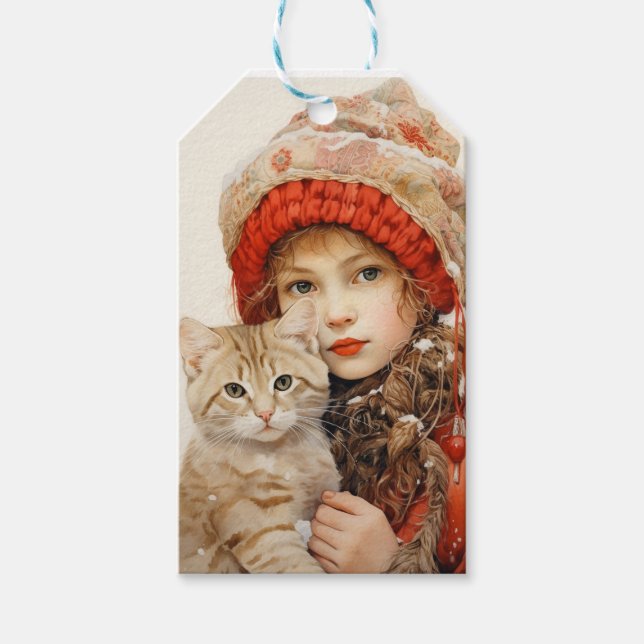 ÉTIQUETTES-CADEAU CHAT ET JEUNE FILLE SIGNETS (Devant)
