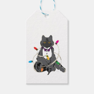 Étiquettes-cadeau Chat Gris Enveloppé Dans Les Lumières De Noël