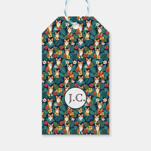 Étiquettes-cadeau Chat Hawaiian style chemise motif gingembre tropic (Devant)