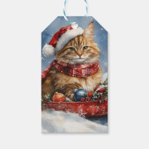 Étiquettes-cadeau Chat Maine Coon dans un traîneau Laissez neige Noë