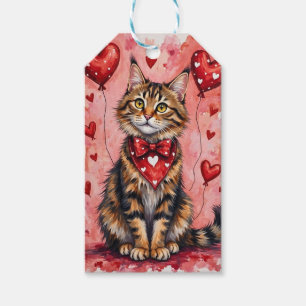 Étiquettes-cadeau Chat Maine Coon Saint-Valentin Assis avec des Cœur