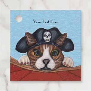 Étiquettes Cadeau Chat mignon en noir Casquette Pirate Crâne Bateau 