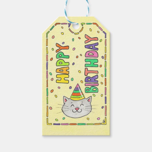 Étiquettes-cadeau Chat mignon et Confetti Joyeux anniversaire (Devant)