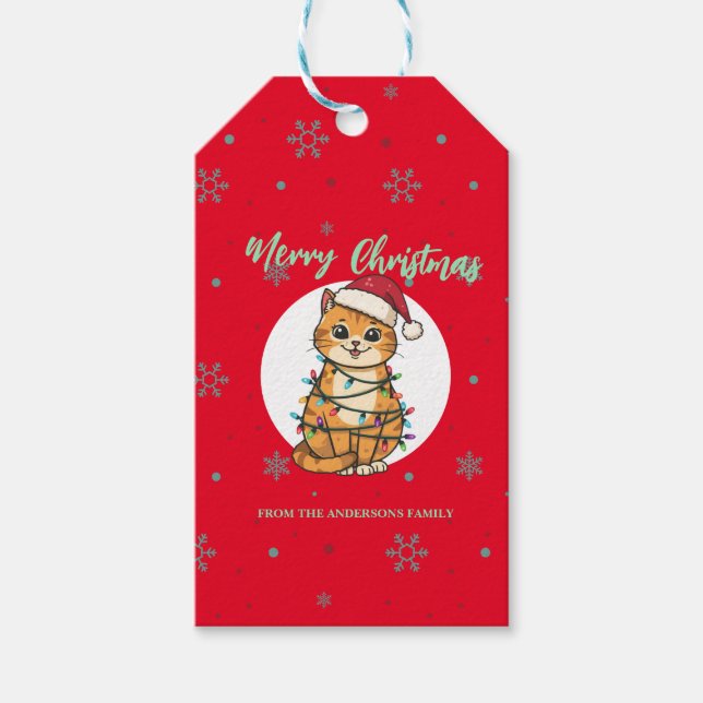 Étiquettes-cadeau Chat moderne joyeux rouge flocon de neige Noël cha (Devant)