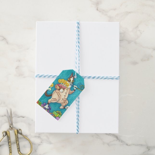 ÉTIQUETTES-CADEAU CHAT N'FITZ EN COUCHER D'ANNIVERSAIRE, GÂTEAU ET B (Avec de laficelle)