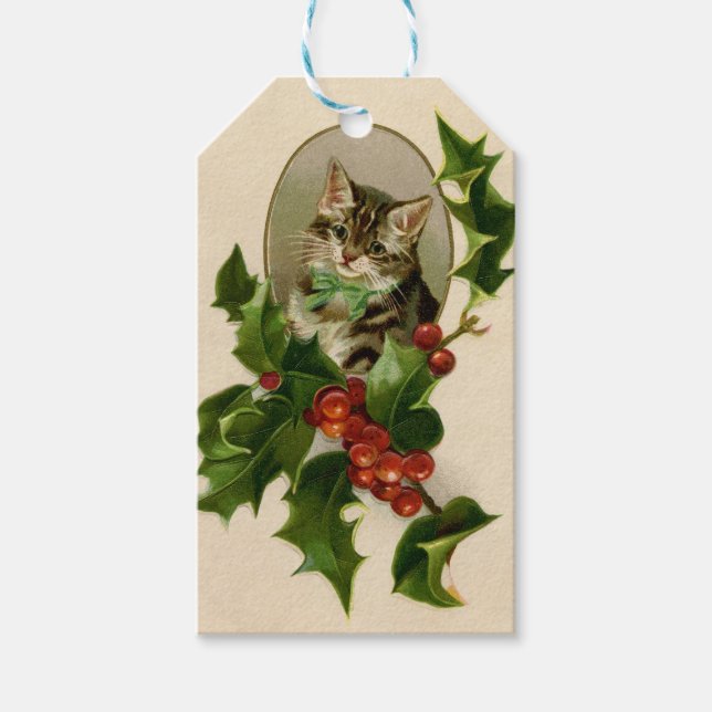 Étiquettes-cadeau Chat Noël Joyau Holly Kitten Art antique (Devant)