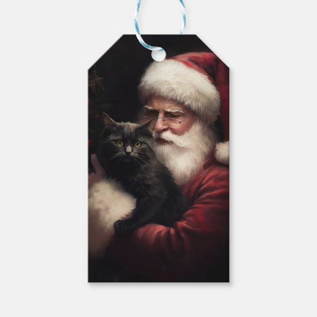Étiquettes-cadeau Chat noir avec Noël Festif du Père Noël (Devant)