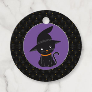 Étiquettes Cadeau Chat noir avec un chapeau de sorcière Halloween