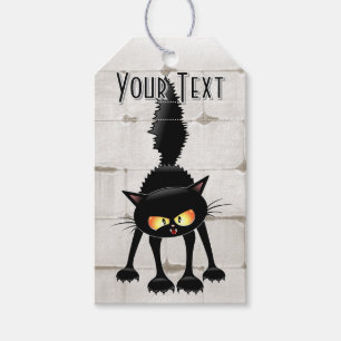 Étiquettes-cadeau Chat noir de dessin animé drôle et féroce 