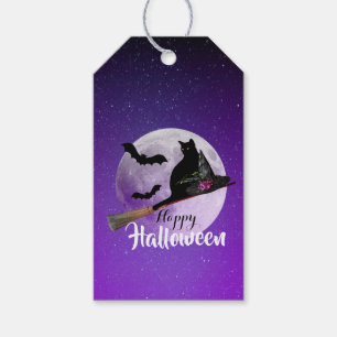 Étiquettes-cadeau Chat noir d'Halloween sur balai pleine lune