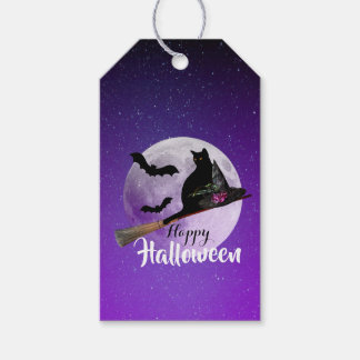 Étiquettes-cadeau Chat noir d'Halloween sur balai pleine lune