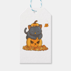 Étiquettes-cadeau Chat noir d'Halloween sur Citrouille avec automne