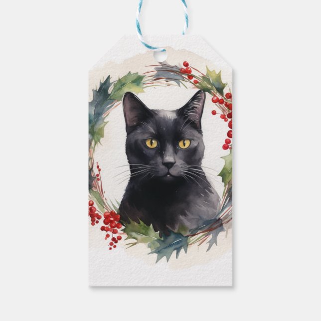 Étiquettes-cadeau Chat noir Fête de couronnes de Noël Kitten (Dos)