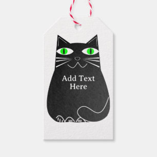 Étiquettes-cadeau Chat noir gras avec yeux verts Texte personnalisé