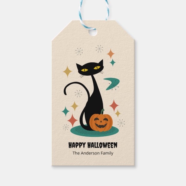 Étiquettes-cadeau Chat noir Halloween du milieu du siècle (Devant)