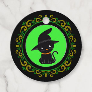 Étiquettes Cadeau Chat Noir Jaune Vert Avec Un Casquette De Sorcière