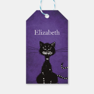 Étiquettes-cadeau Chat noir malin pourpre