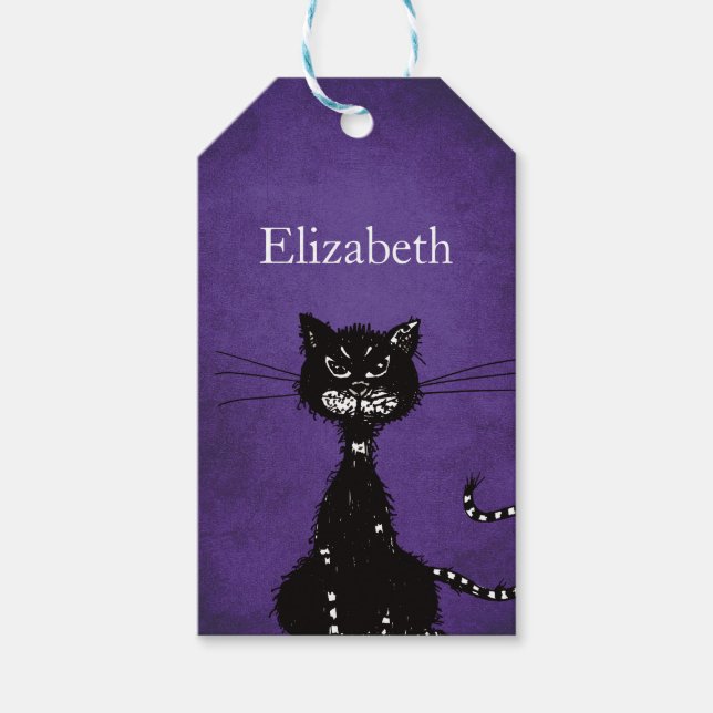 Étiquettes-cadeau Chat noir malin pourpre (Devant)