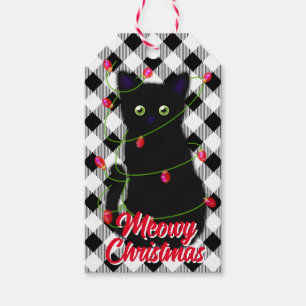 Étiquettes-cadeau Chat noir Meowy Noël scintillants en vichy
