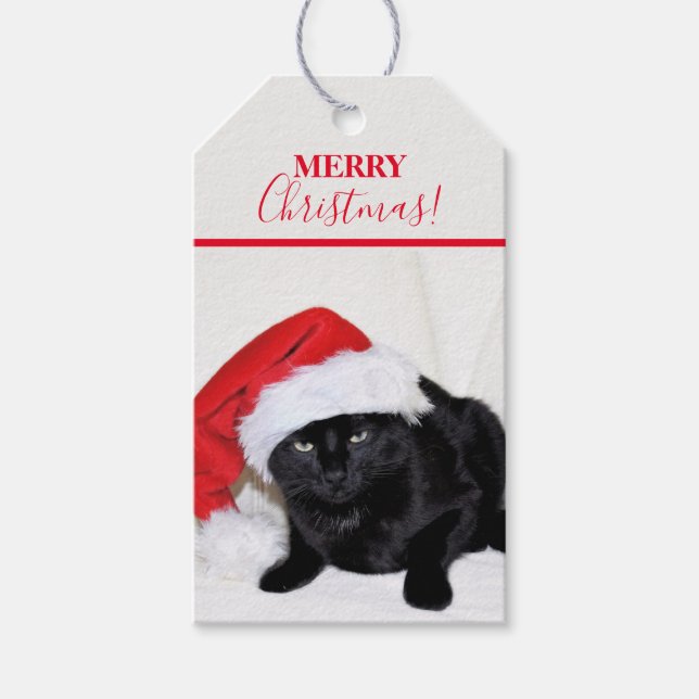 Étiquettes-cadeau Chat noir mignon avec chapeau de Santa (Devant)