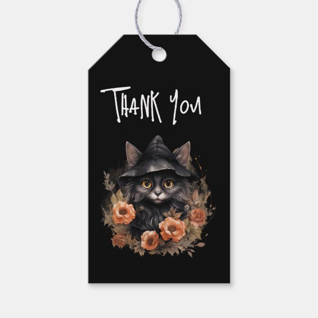 Étiquettes-cadeau Chat noir mignon dans le Merci Casquette d'une sor (Devant)