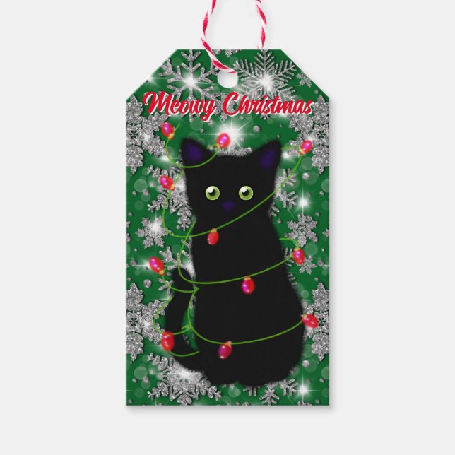 Étiquettes-cadeau Chat noir mignon Meowy Noël (Devant)