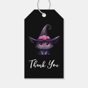 Étiquettes-cadeau Chat noir mignon portant le Merci Casquette d'une 