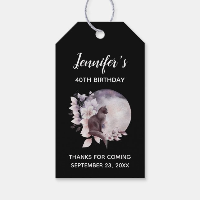 Étiquettes-cadeau Chat noir par une Pleine lune magique Anniversaire (Devant)