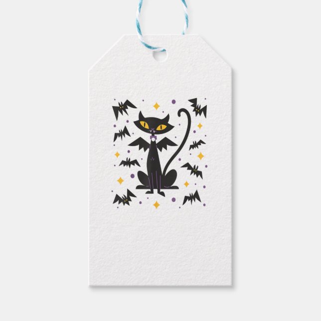 Étiquettes-cadeau Chat noir Vampire du milieu du siècle d'Halloween (Devant)