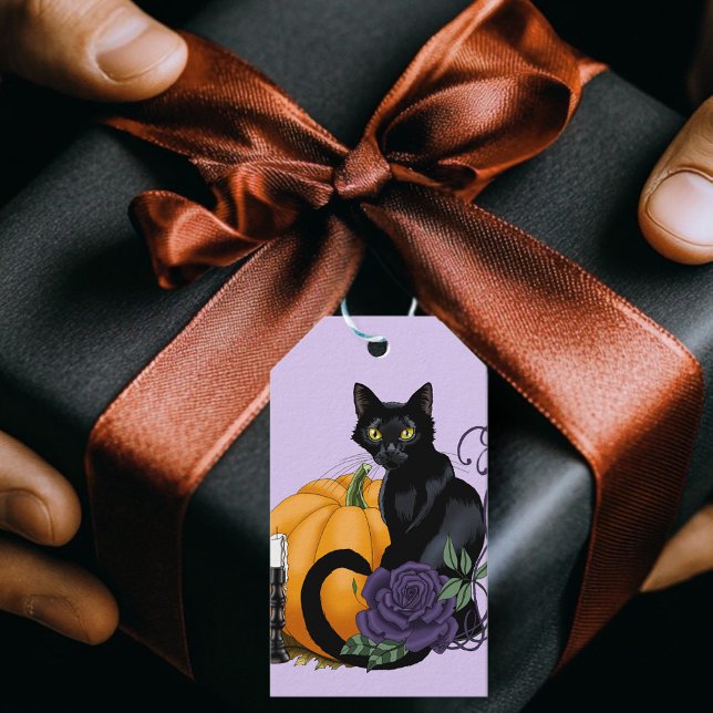 Étiquettes-cadeau Chat noir violet Rose Citrouille Halloween (Créateur téléchargé)