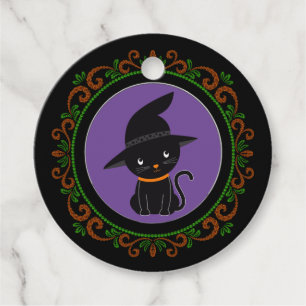 Étiquettes Cadeau Chat Orange Vert Noir Avec Un Chapeau De Sorcière 